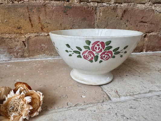antique french chippy timeworn buttery ironstone cafe au lait bowl hbcm transferware roses