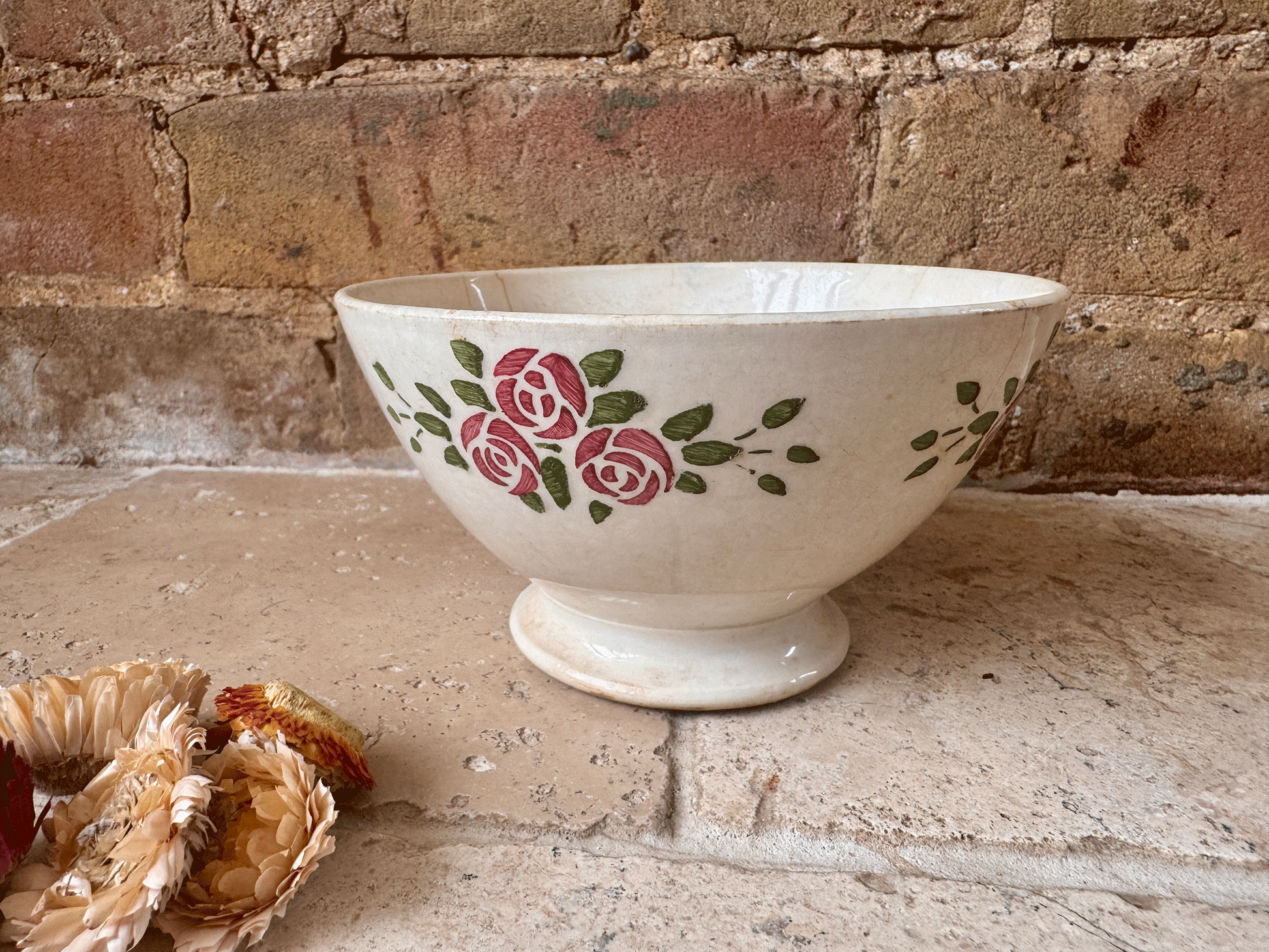 antique french chippy timeworn buttery ironstone cafe au lait bowl hbcm transferware roses