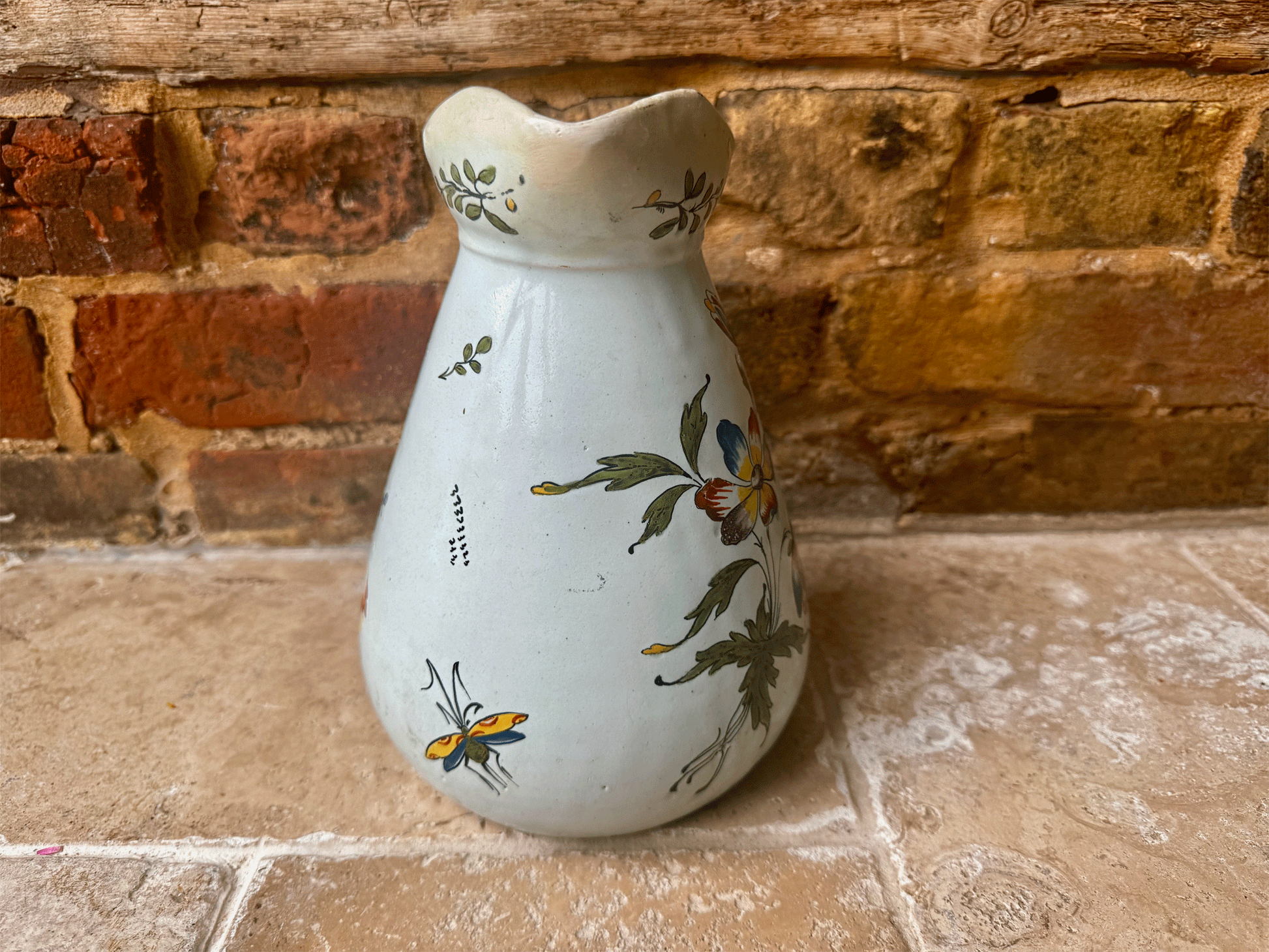 antique french large hand painted stoneware studio jug vase florals dragonfly