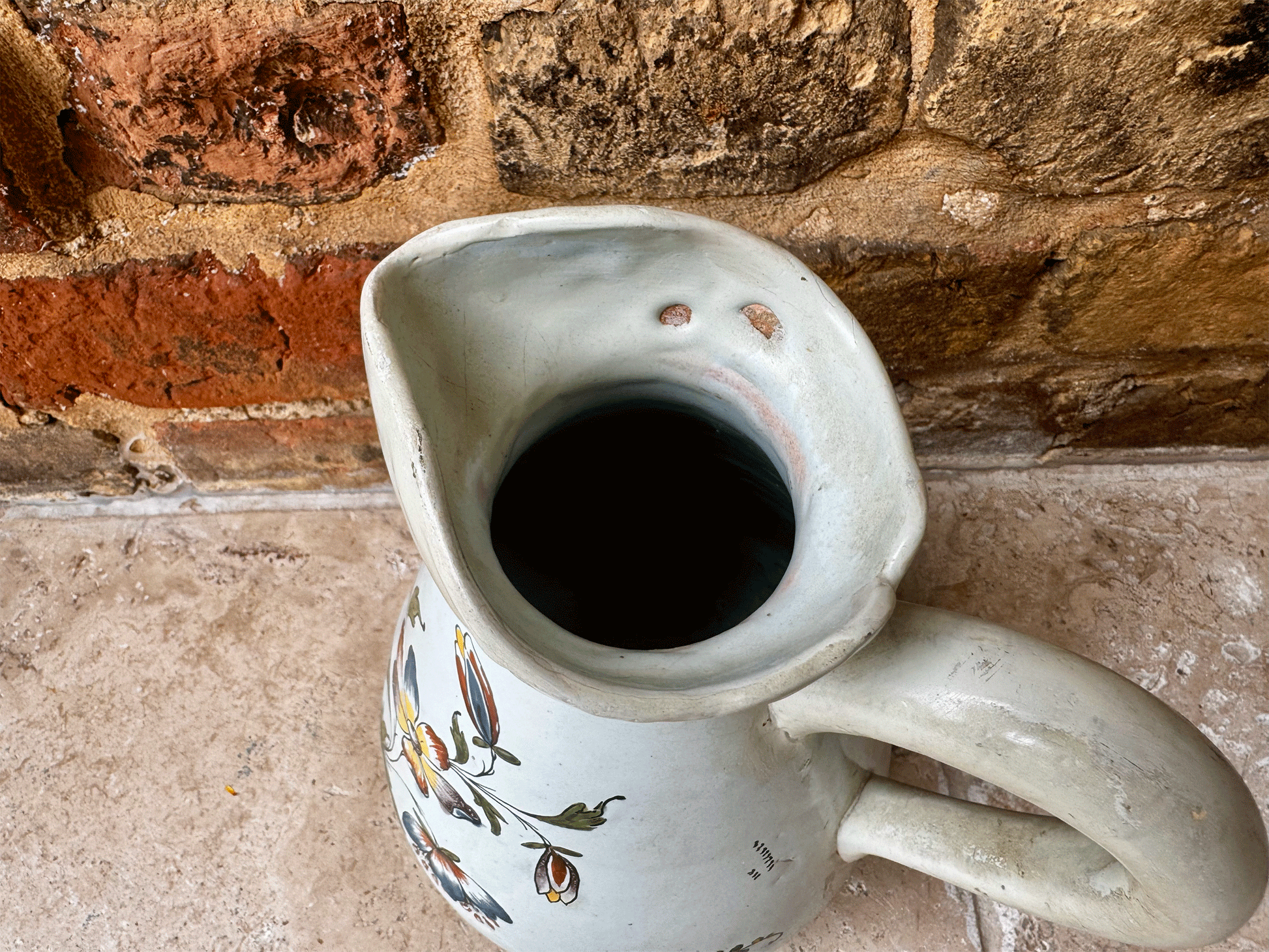 antique french large hand painted stoneware studio jug vase florals dragonfly