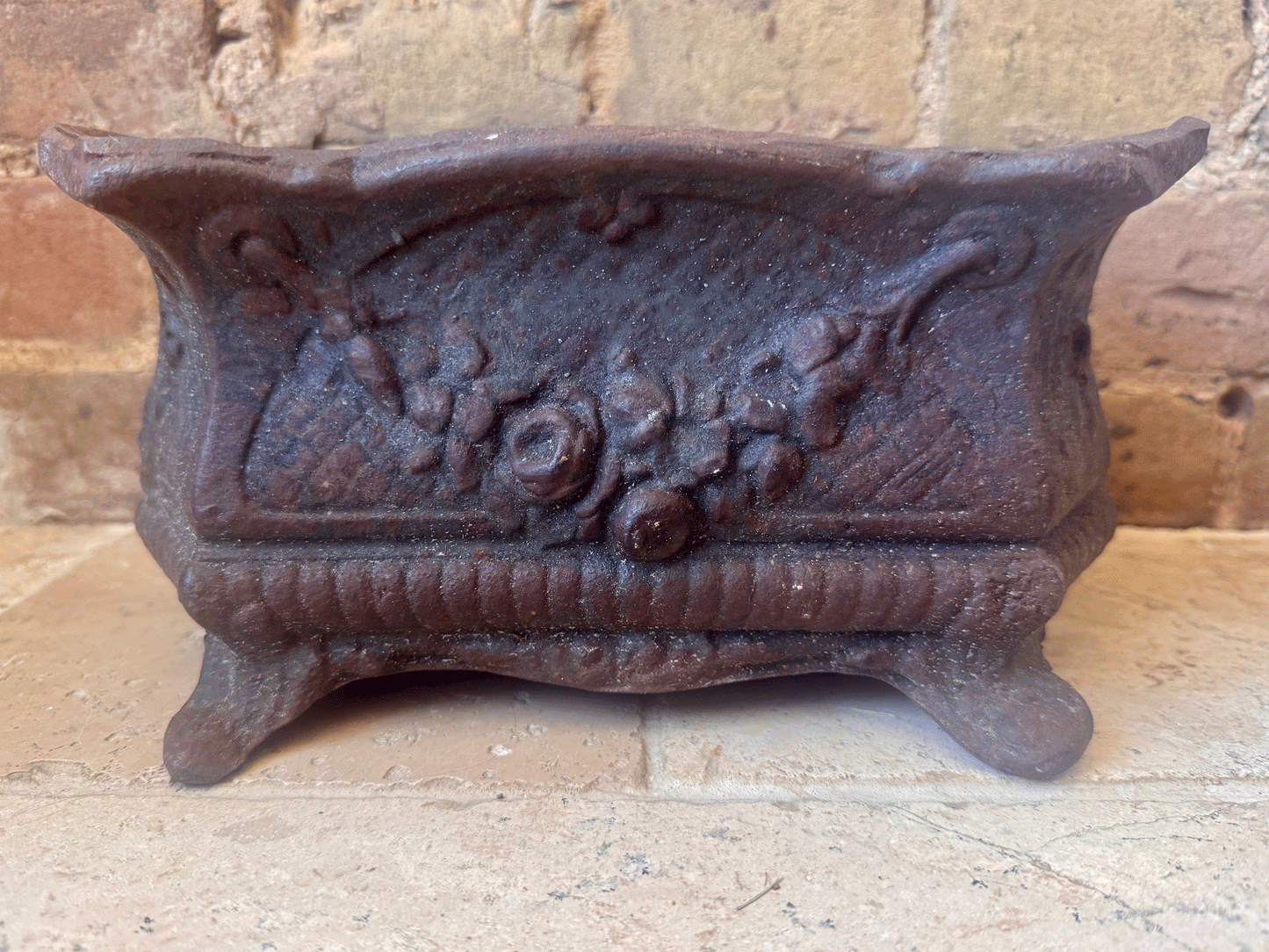 antique french heavy lead cast iron garden planter jardiniere decorative garland rosettes windowsill