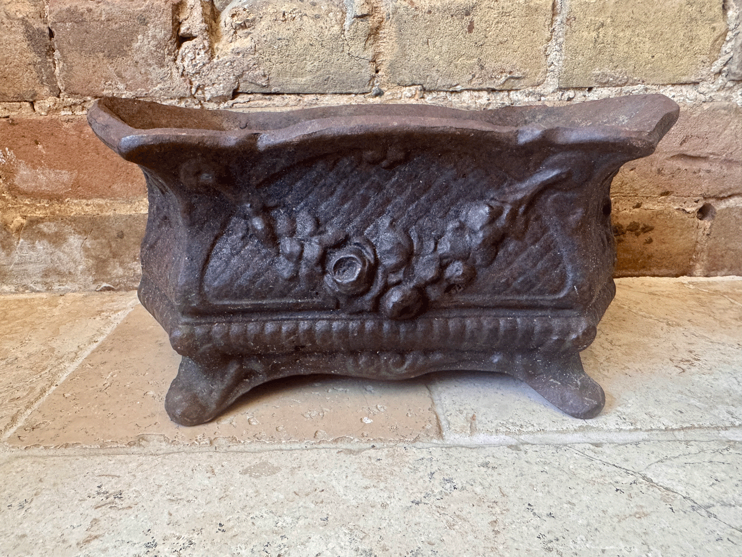 antique french heavy lead cast iron garden planter jardiniere decorative garland rosettes windowsill