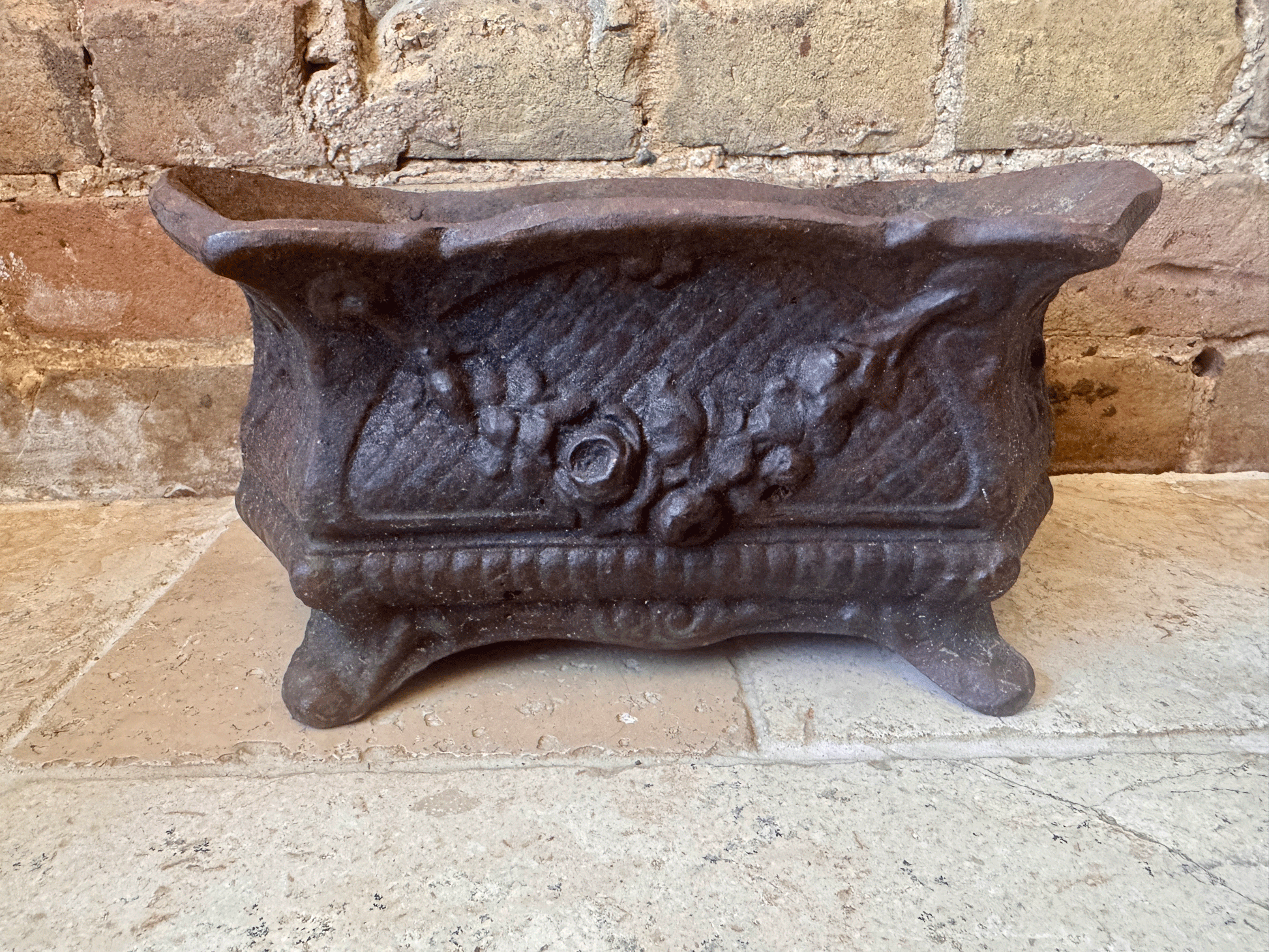 antique french heavy lead cast iron garden planter jardiniere decorative garland rosettes windowsill