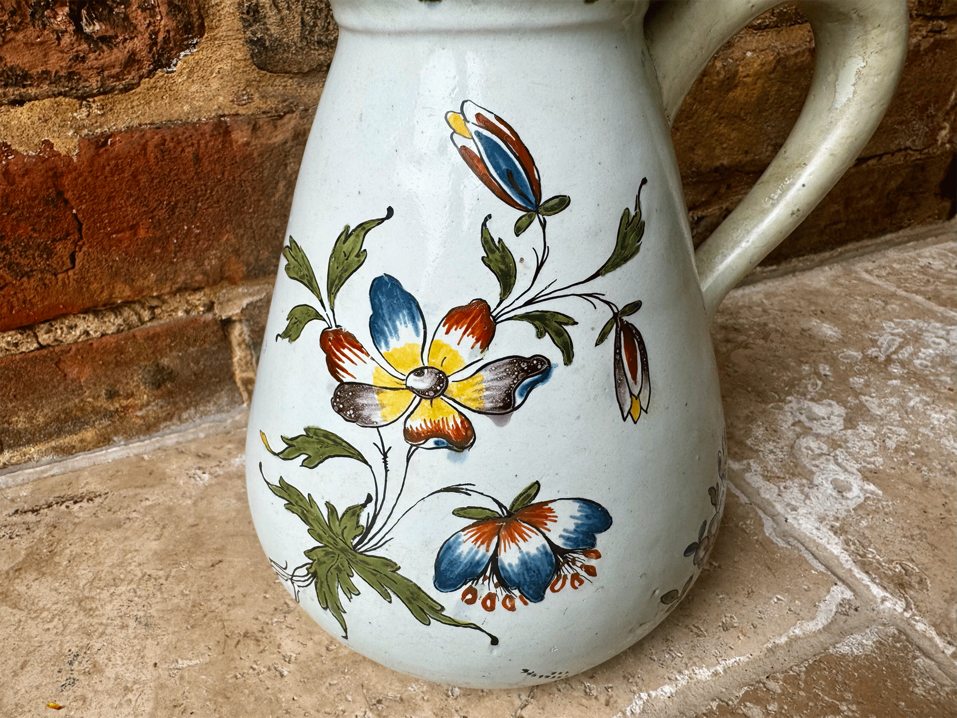 antique french large hand painted stoneware studio jug vase florals dragonfly