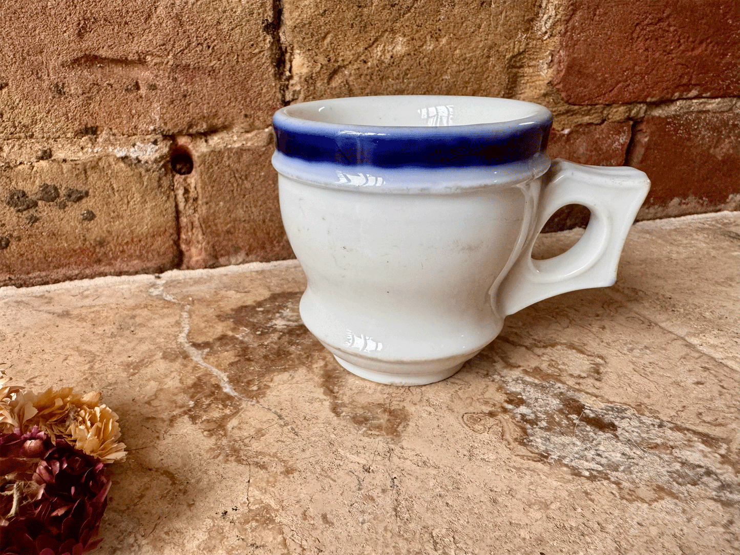 antique french 19th century rare heavyset ironstone terre de fer brulot mug blue white coffee cup
