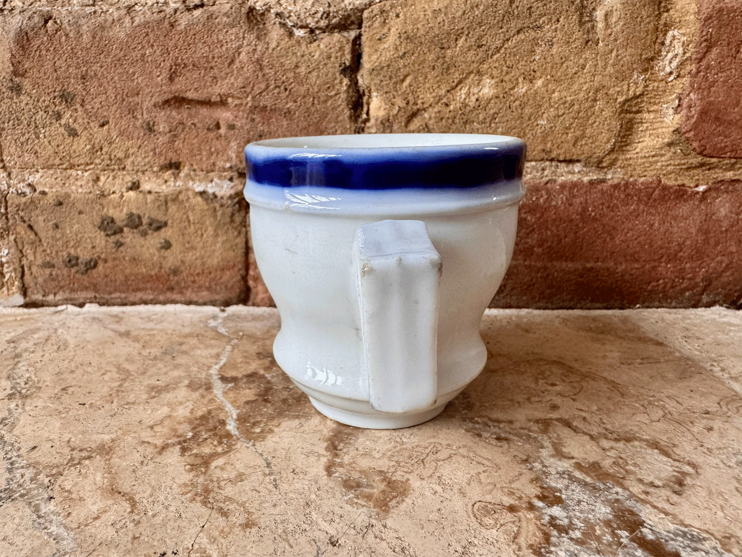 antique french 19th century rare heavyset ironstone terre de fer brulot mug blue white coffee cup