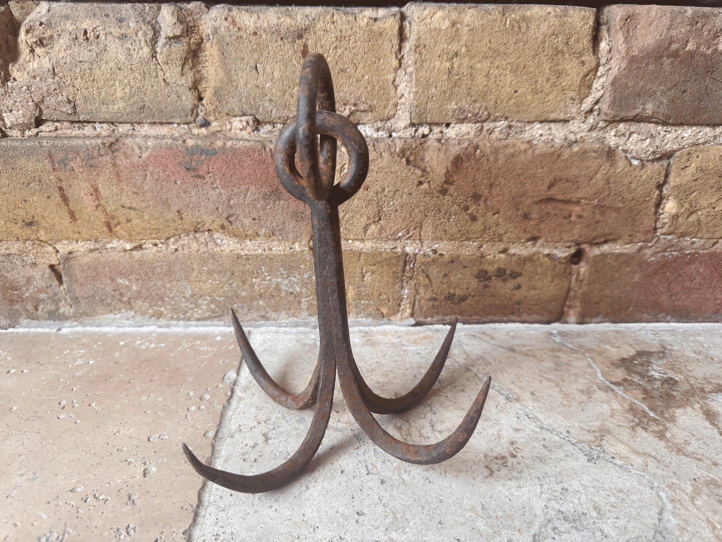 antique french 19th century four pronged grapple butchers hook cast iron industrial farmhouse decor