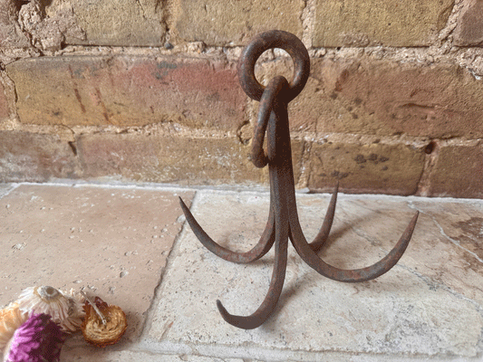 antique french 19th century four pronged grapple butchers hook cast iron industrial farmhouse decor