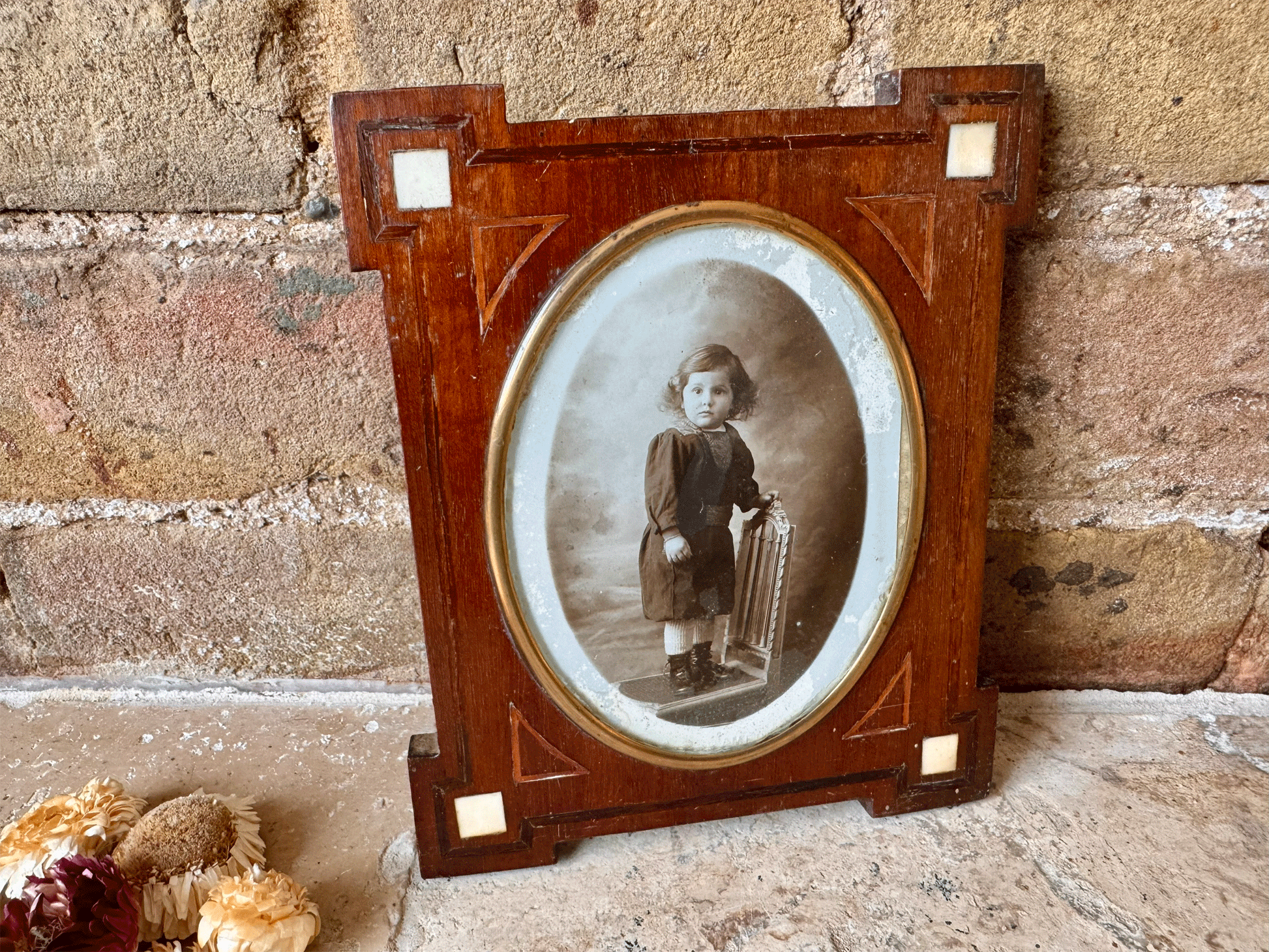 antique french baby boy child portrait black white inlaid mother pearl frame