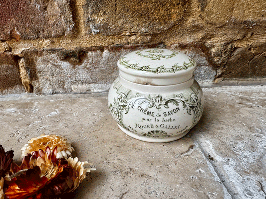 antique french ironstone advertising pot roger gallet creme de savon green transferware