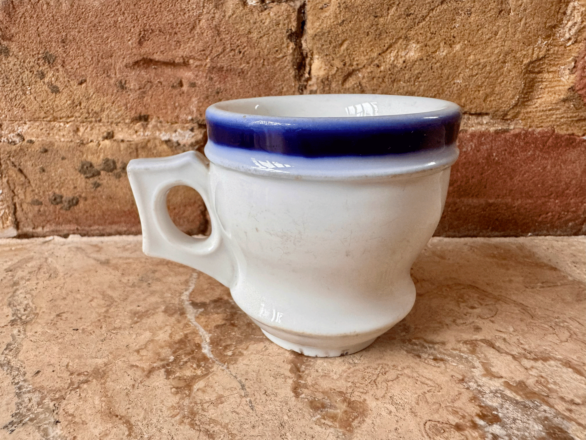 antique french 19th century rare heavyset ironstone terre de fer brulot mug blue white coffee cup