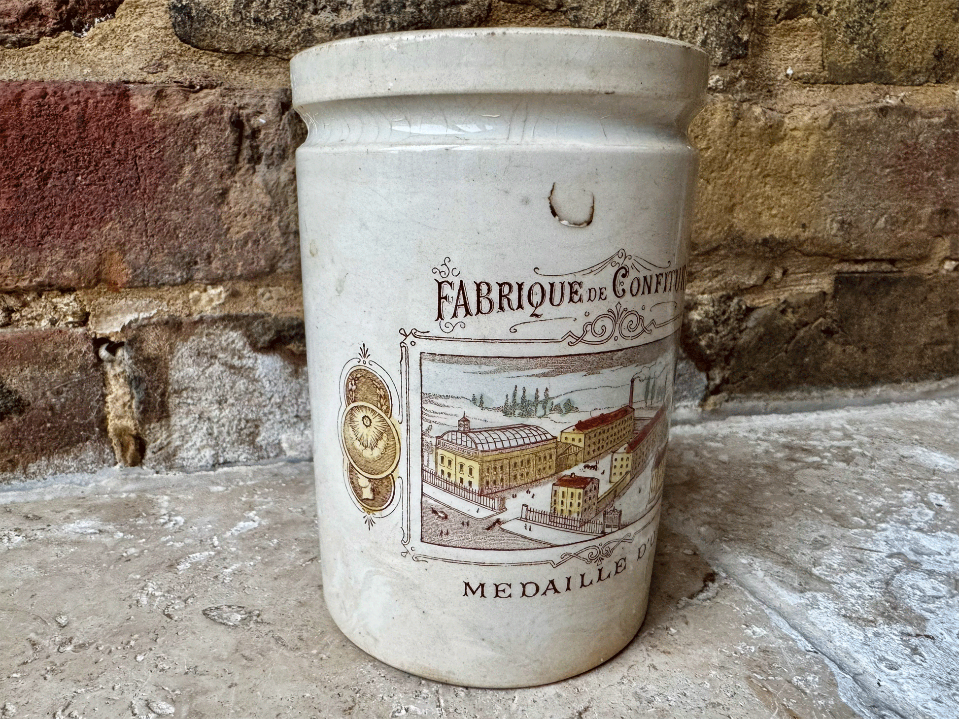 rare ironstone antique felix potin medaille d'or fabrique confitures advertising pot