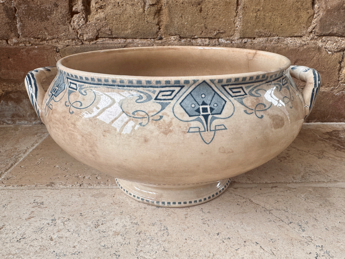 antique french extra large white ironstone terre de fer blue transferware sarreguemines germaine soupiere bowl tureen