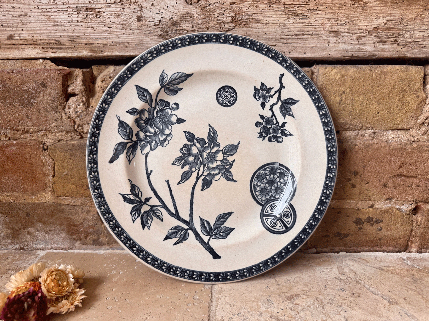 antique french dark blue transferware ironstone terre de fer pate grand depot marguerite