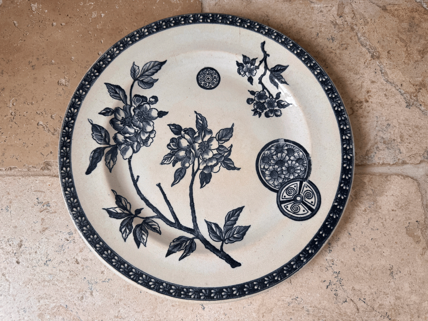 antique french dark blue transferware ironstone terre de fer pate grand depot marguerite