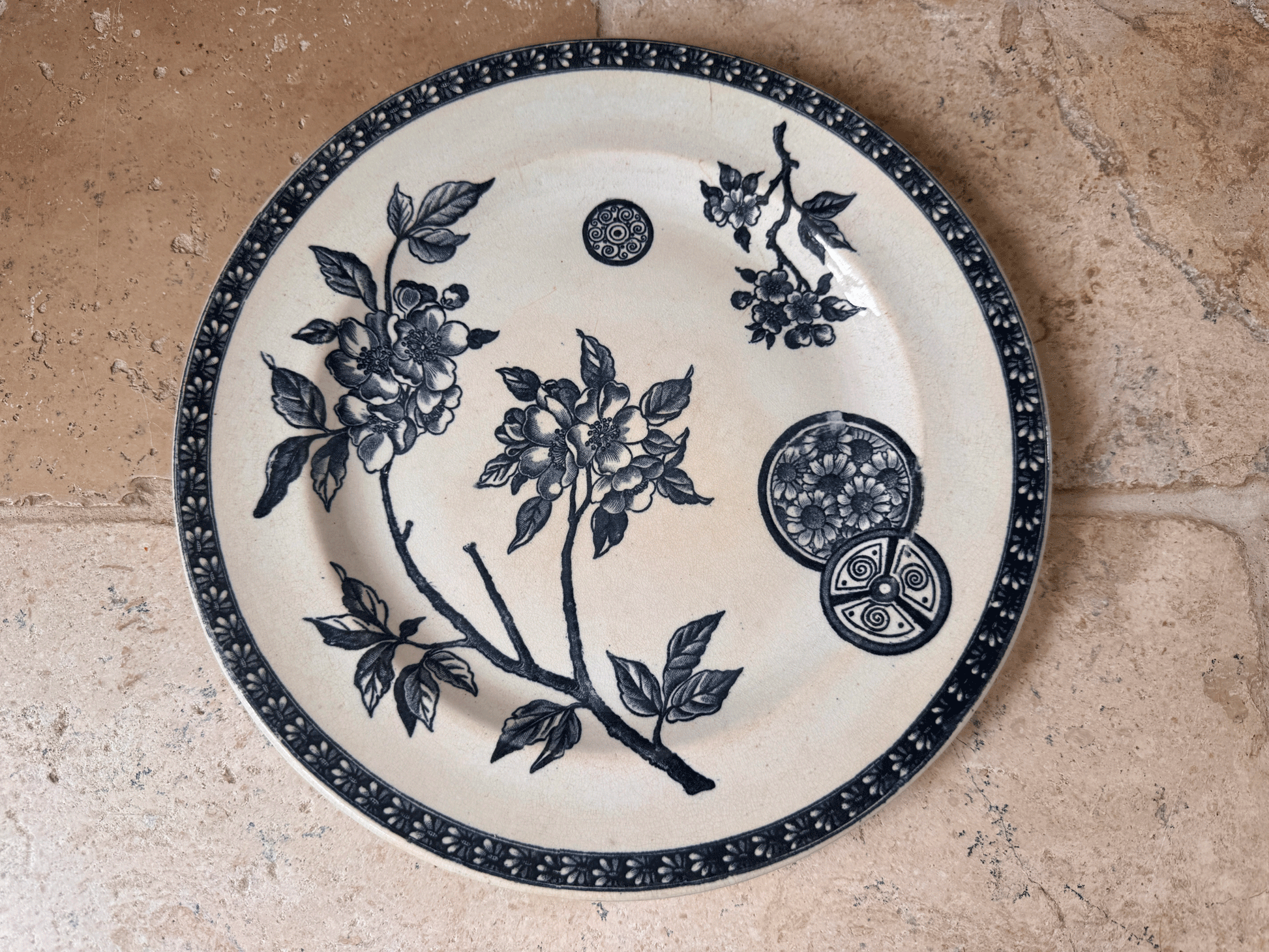 antique french dark blue transferware ironstone terre de fer pate grand depot marguerite