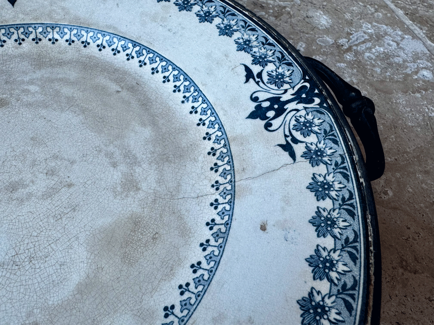 antique french rare blue transferware terre de fer ironstone warming plate platter pewter base