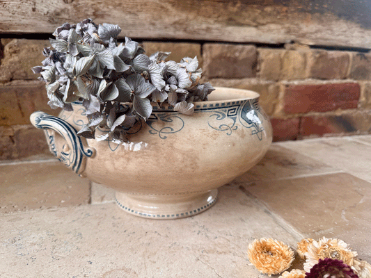 antique french extra large white ironstone terre de fer blue transferware sarreguemines germaine soupiere bowl tureen