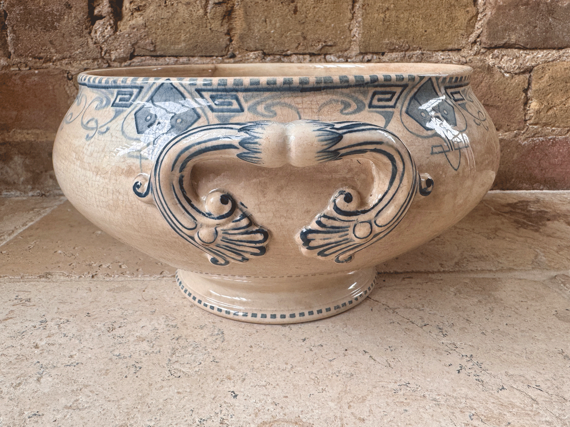 antique french extra large white ironstone terre de fer blue transferware sarreguemines germaine soupiere bowl tureen