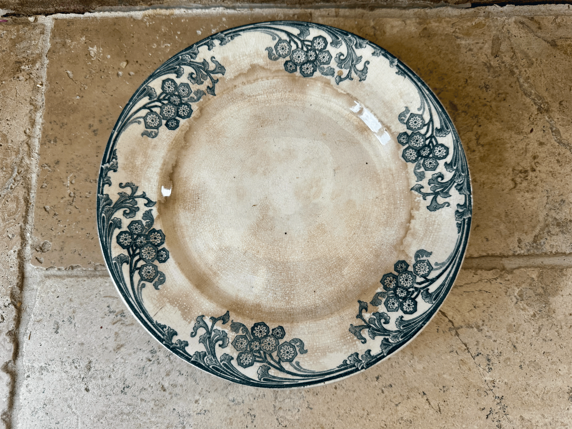 antique patinated ironstone terre de fer teal blue transferware compotier compote dish stand cake plate longwy les eglantines