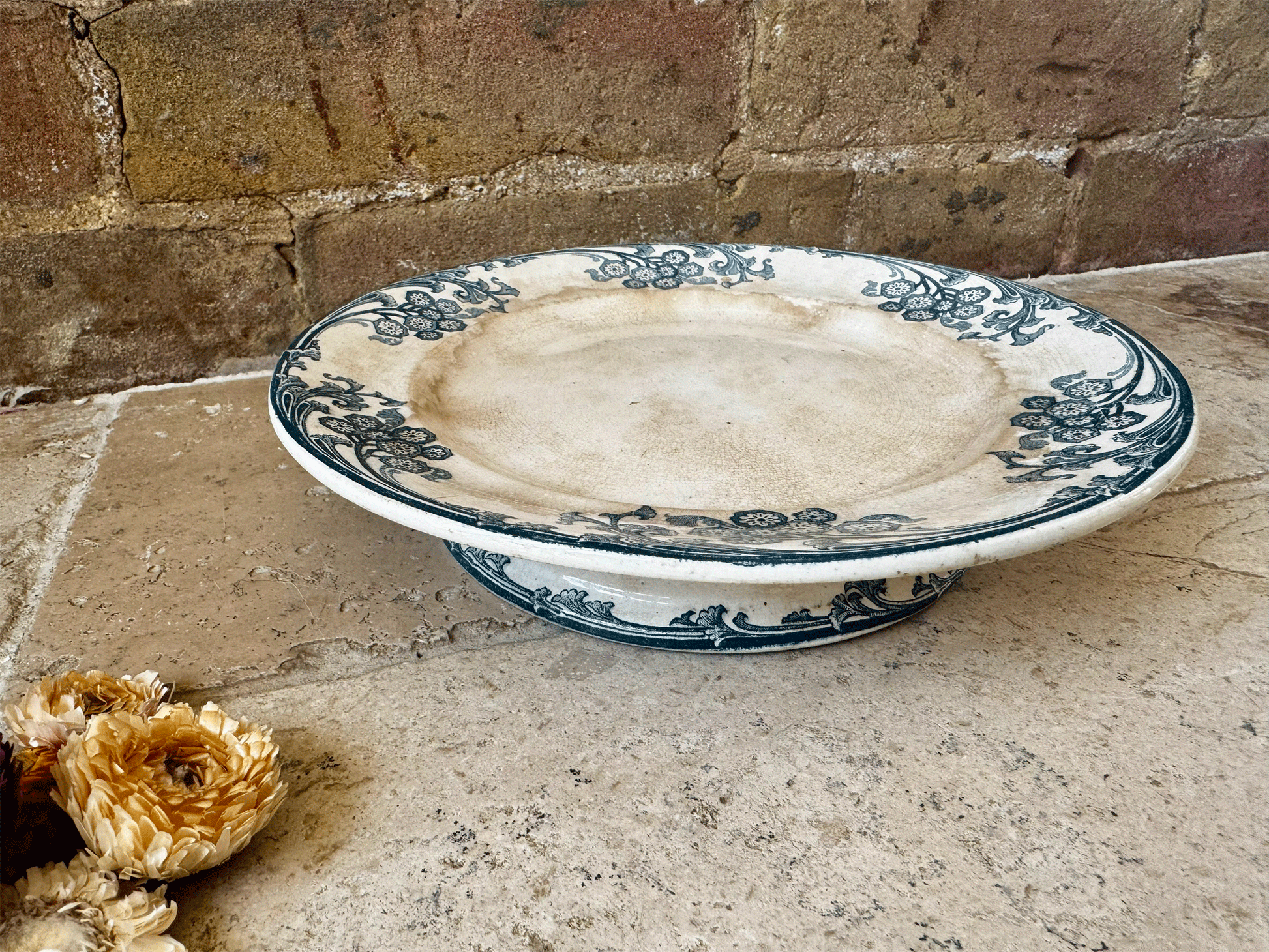 antique patinated ironstone terre de fer teal blue transferware compotier compote dish stand cake plate longwy les eglantines
