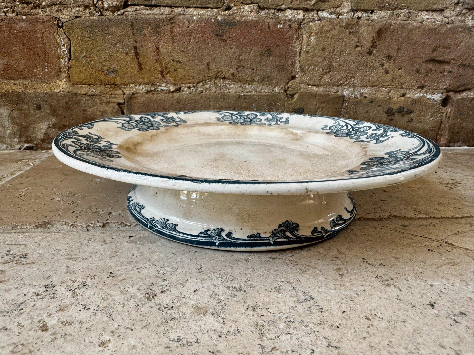 antique patinated ironstone terre de fer teal blue transferware compotier compote dish stand cake plate longwy les eglantines