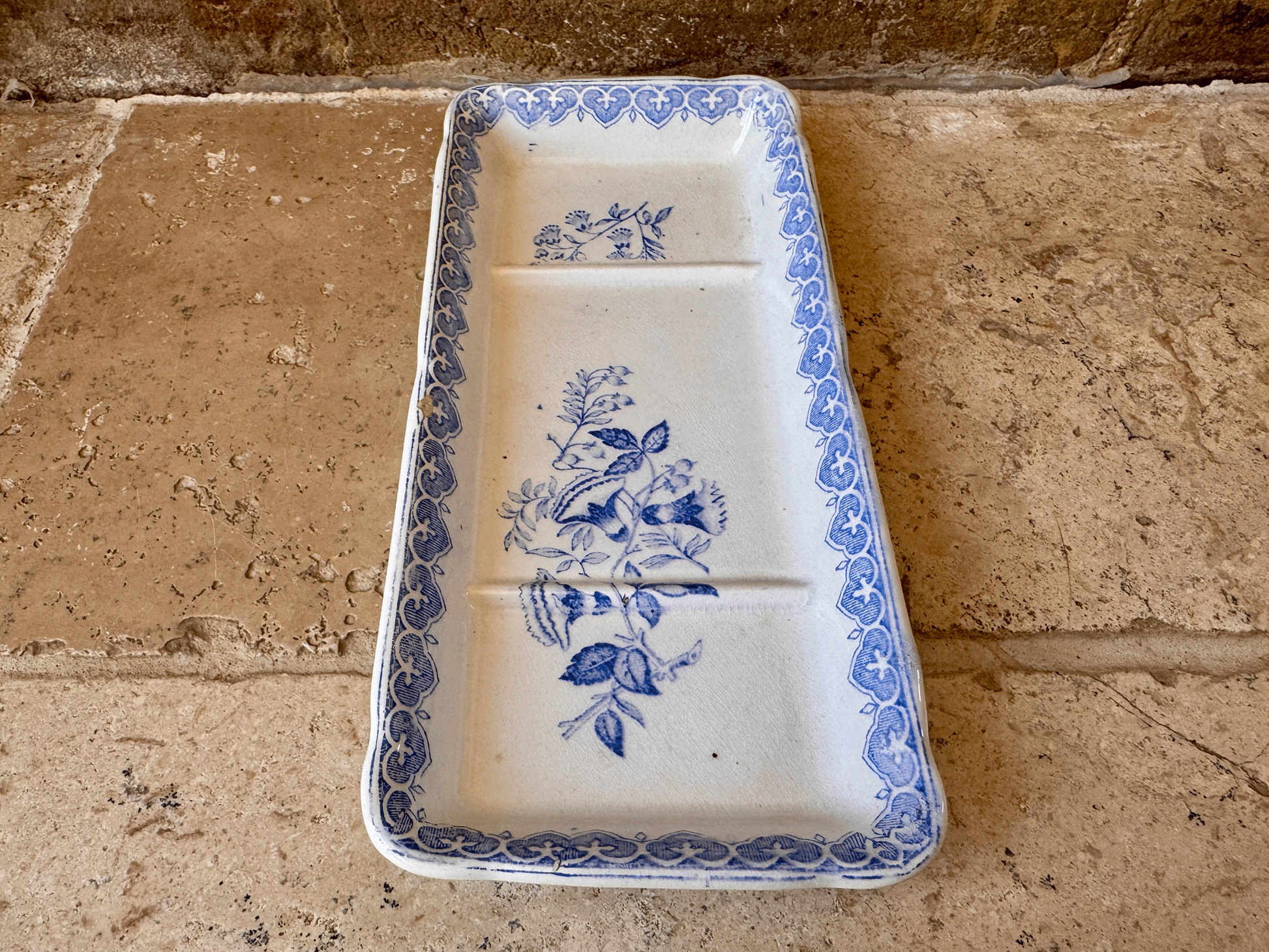 antique french blue transferware terre de fer ironstone creil montereau bouquets soap razor dish