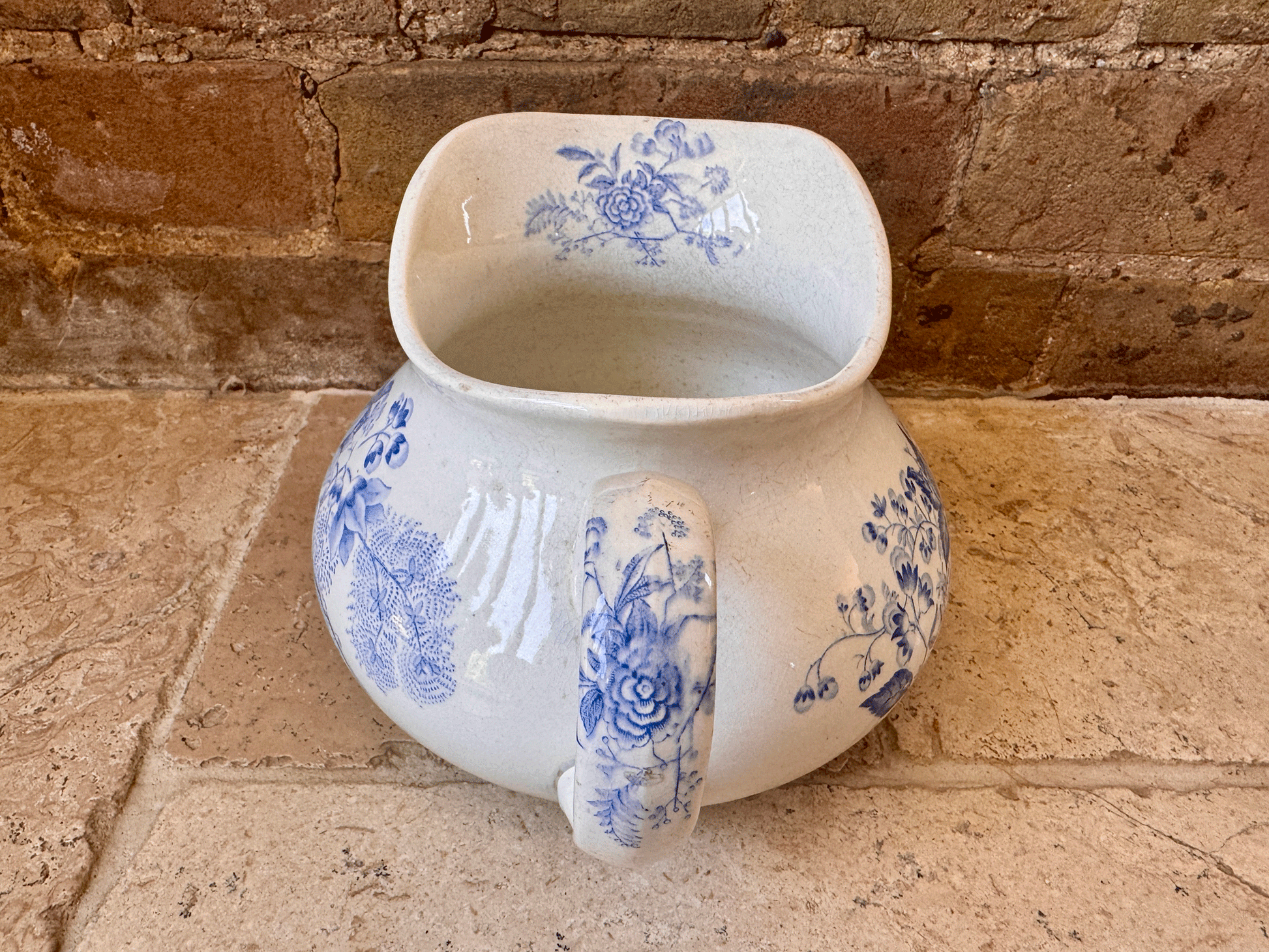 antique french blue transferware terre de fer ironstone pitcher water ewer jug floral decoration