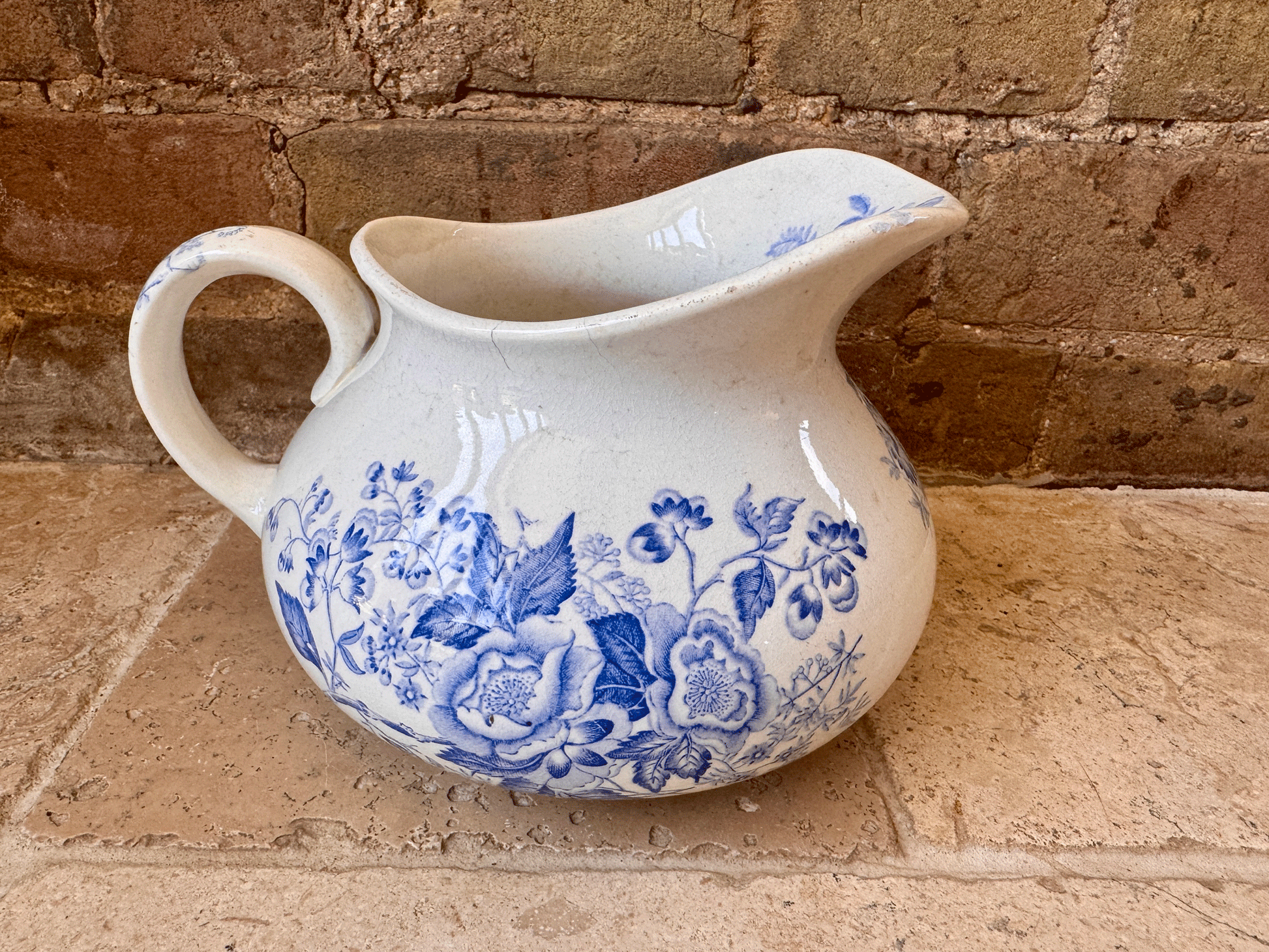 antique french blue transferware terre de fer ironstone pitcher water ewer jug floral decoration