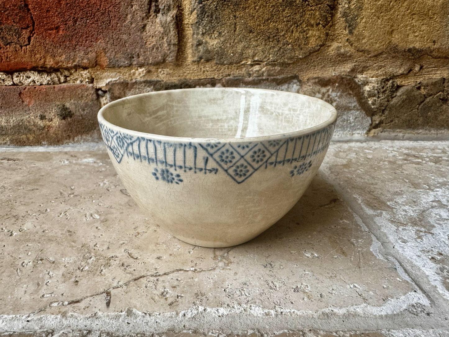 antique french rustic buttery crazed aged blue transferware coffee cup cafe au lait gien terre de fer ironstone