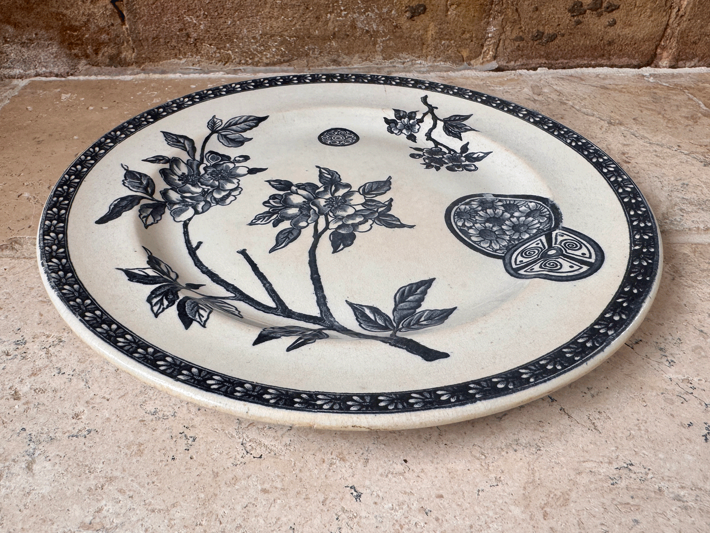 antique french dark blue transferware ironstone terre de fer pate grand depot marguerite