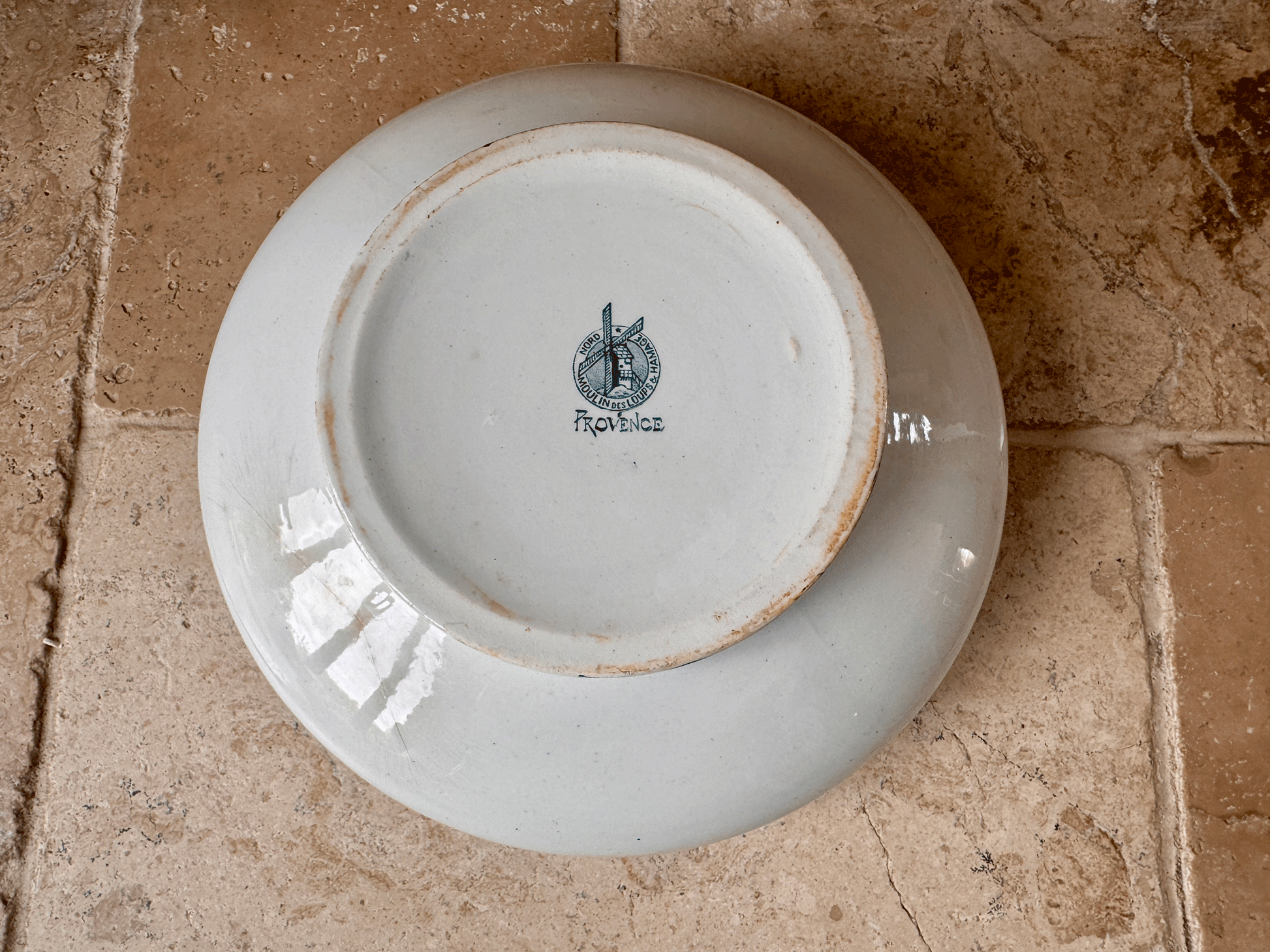 antique french large white ironstone terre de fer saladier serving bowl teal green transferware provence moulin loups hamage
