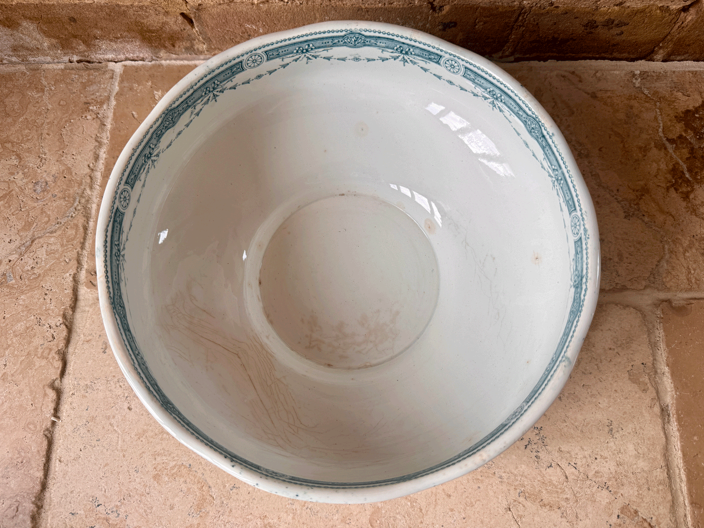 antique french large white ironstone terre de fer saladier serving bowl teal green transferware provence moulin loups hamage