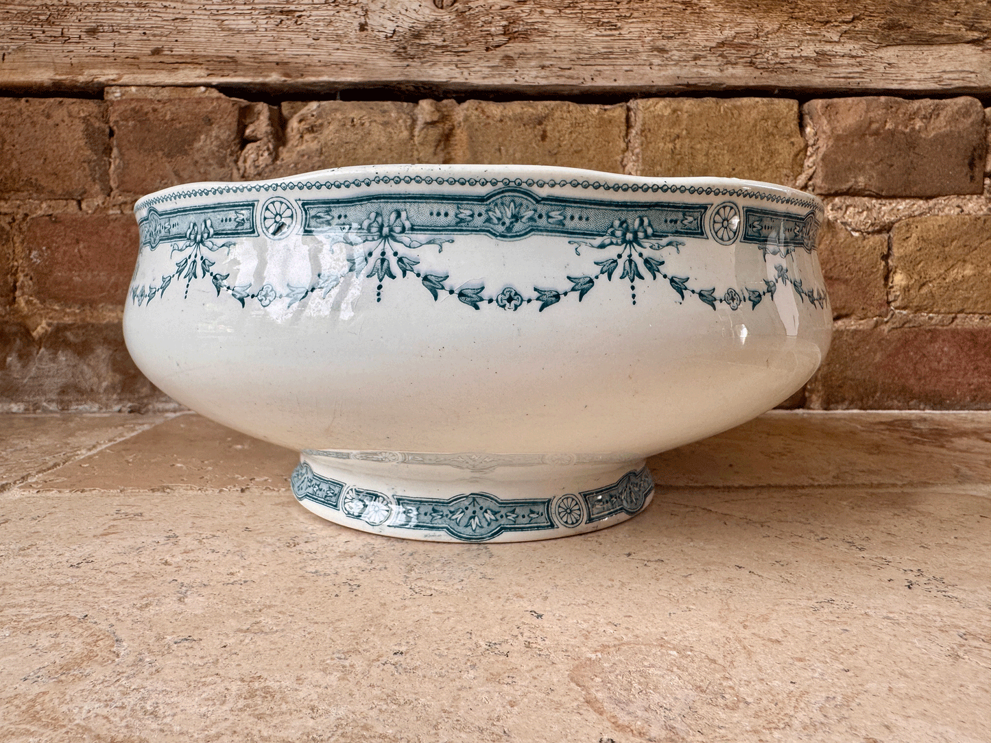 antique french large white ironstone terre de fer saladier serving bowl teal green transferware provence moulin loups hamage