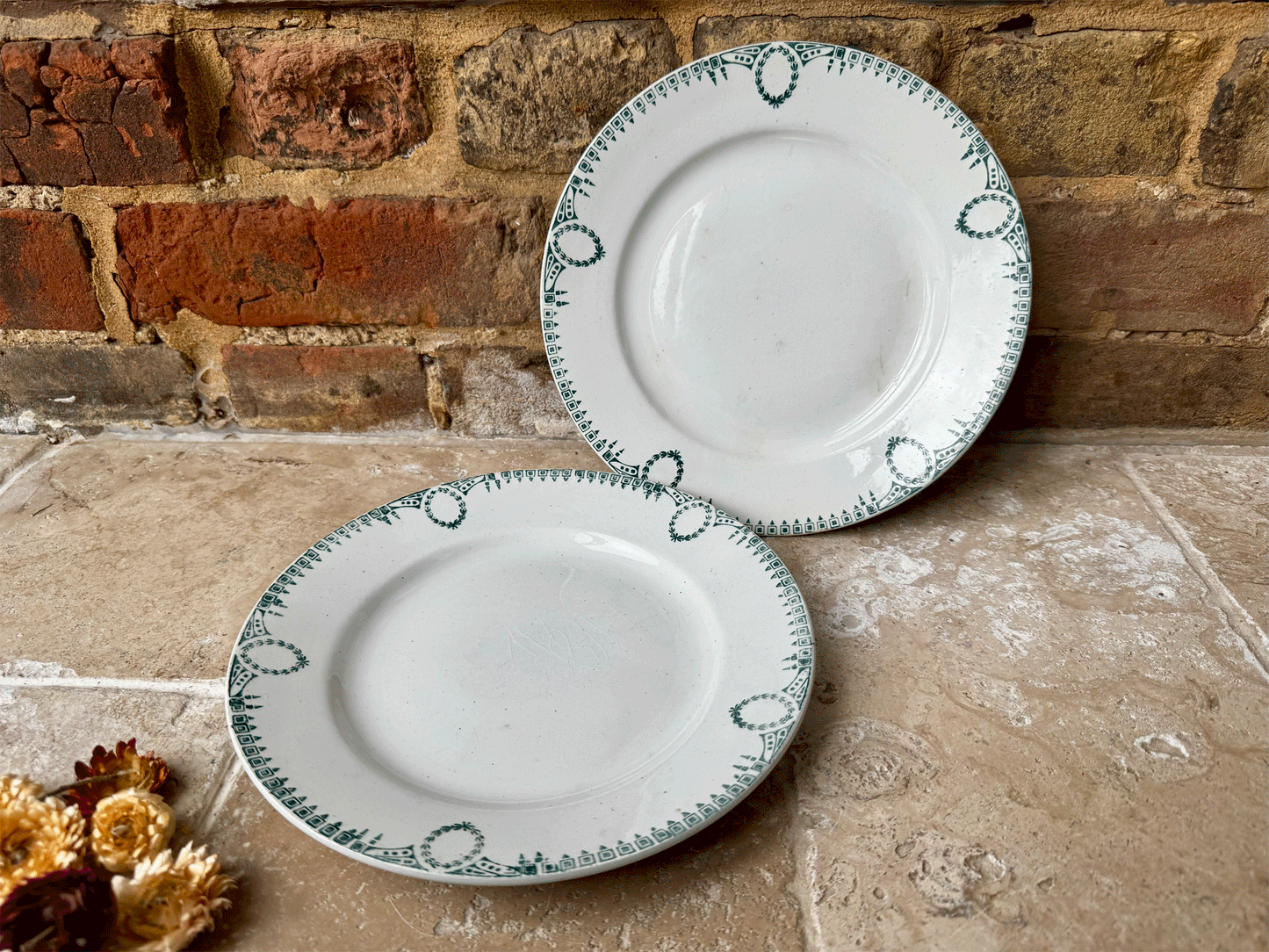 antique french st amand terre de fer ironstone green transferware plate set