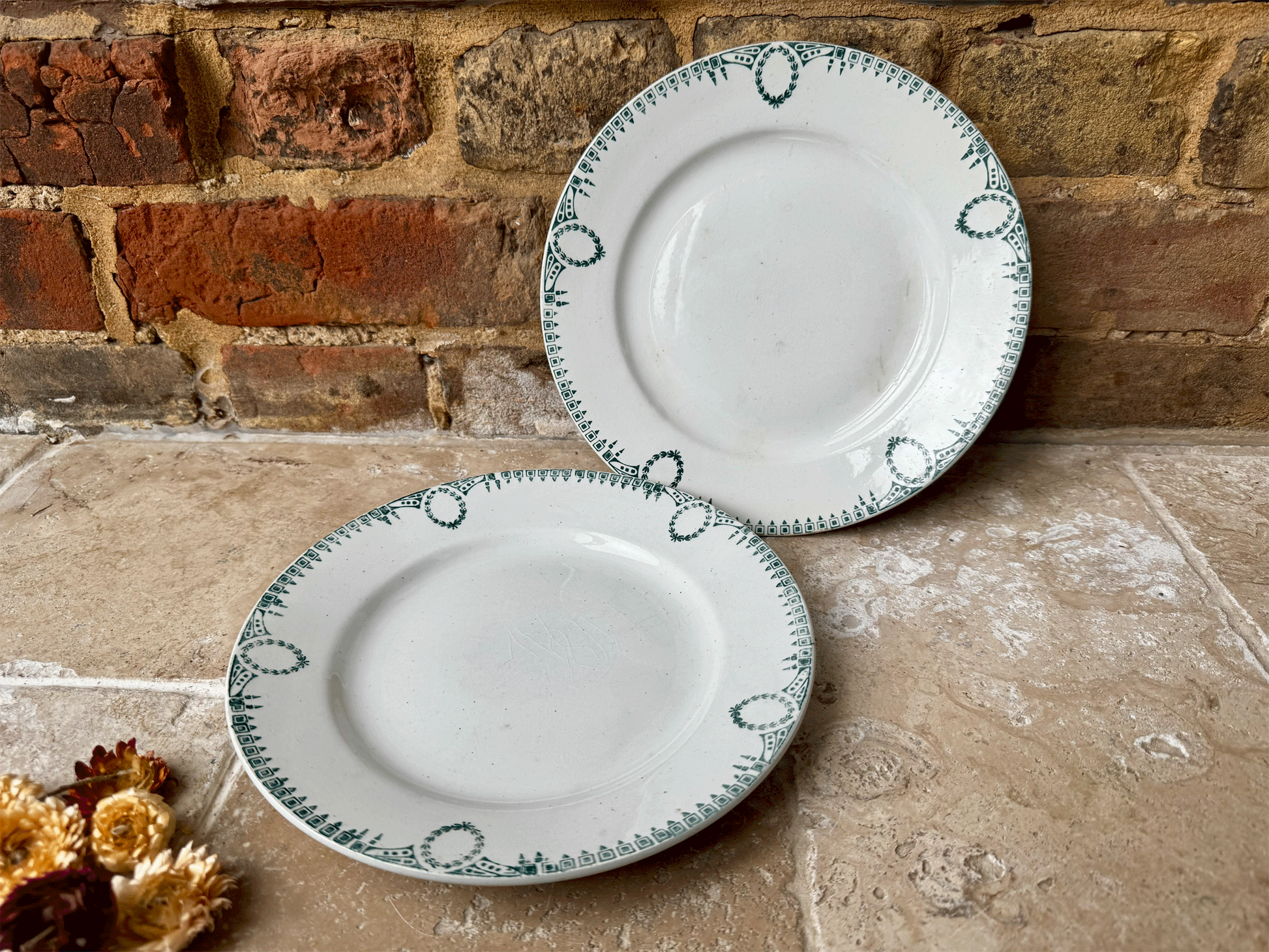 antique french st amand terre de fer ironstone green transferware plate set