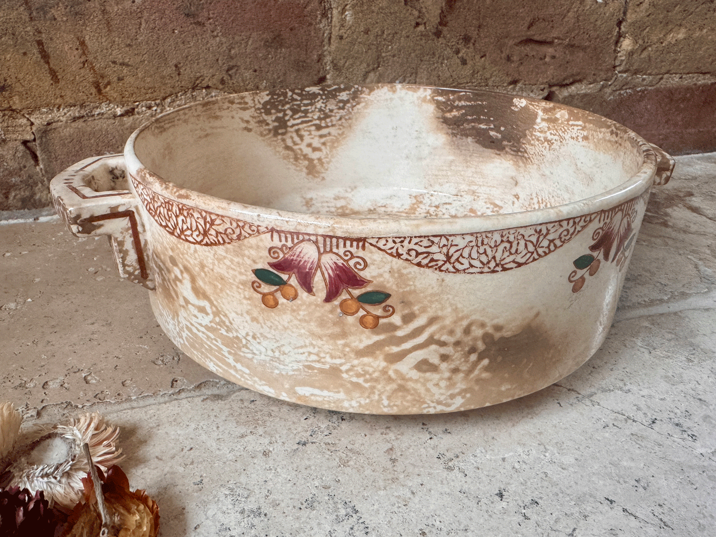 antique stained heavily patinated timeworn aged french terre de fer ironstone tureen soupiere longwy monaco