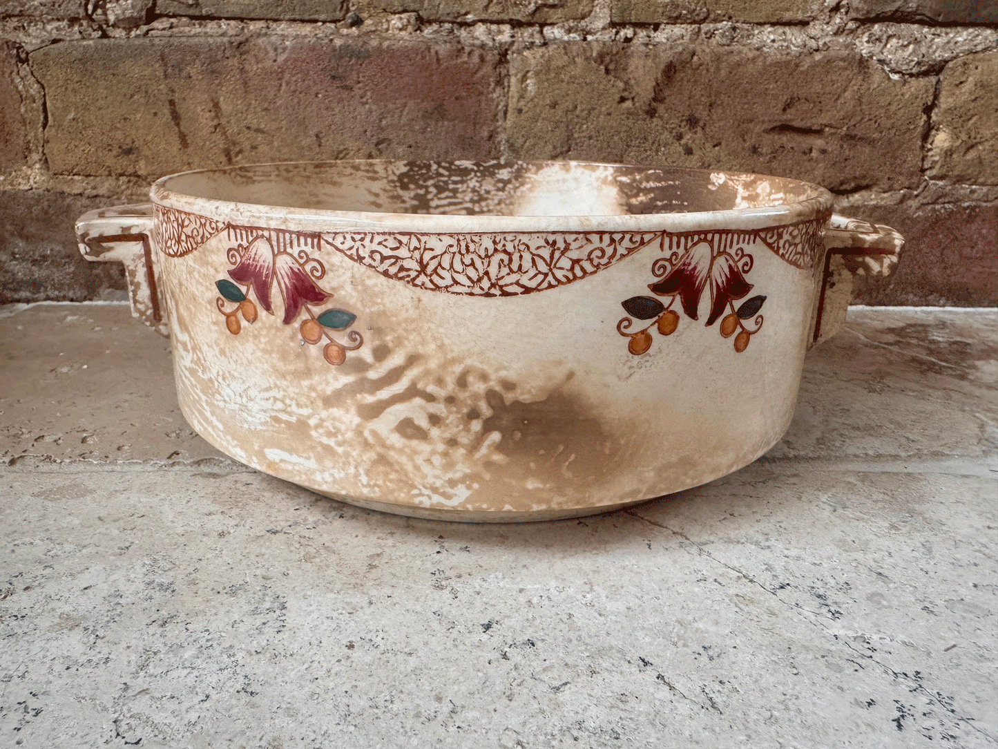 antique stained heavily patinated timeworn aged french terre de fer ironstone tureen soupiere longwy monaco