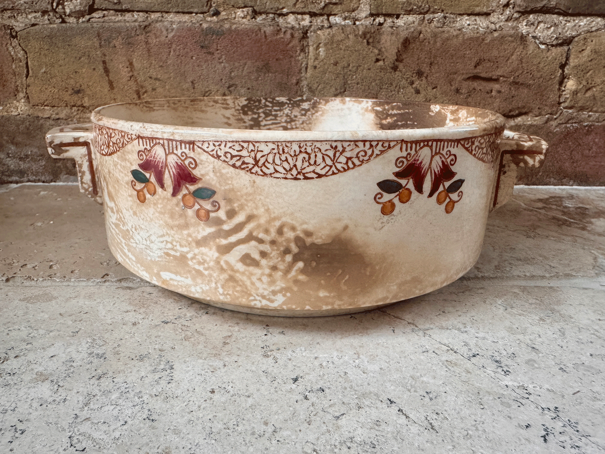antique stained heavily patinated timeworn aged french terre de fer ironstone tureen soupiere longwy monaco