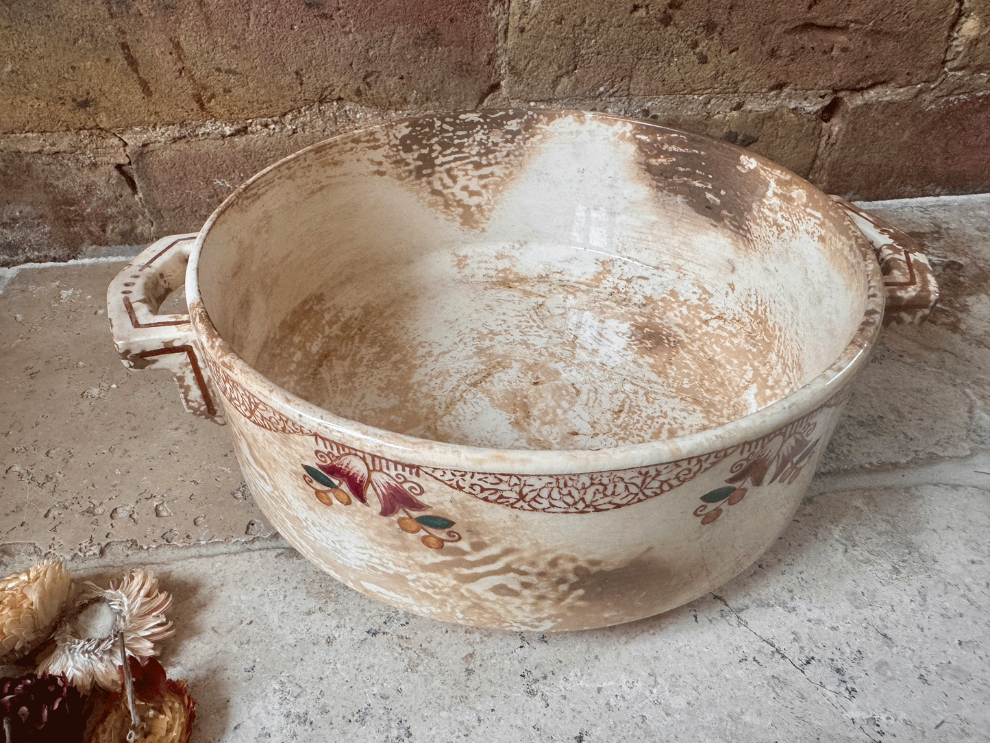 antique stained heavily patinated timeworn aged french terre de fer ironstone tureen soupiere longwy monaco