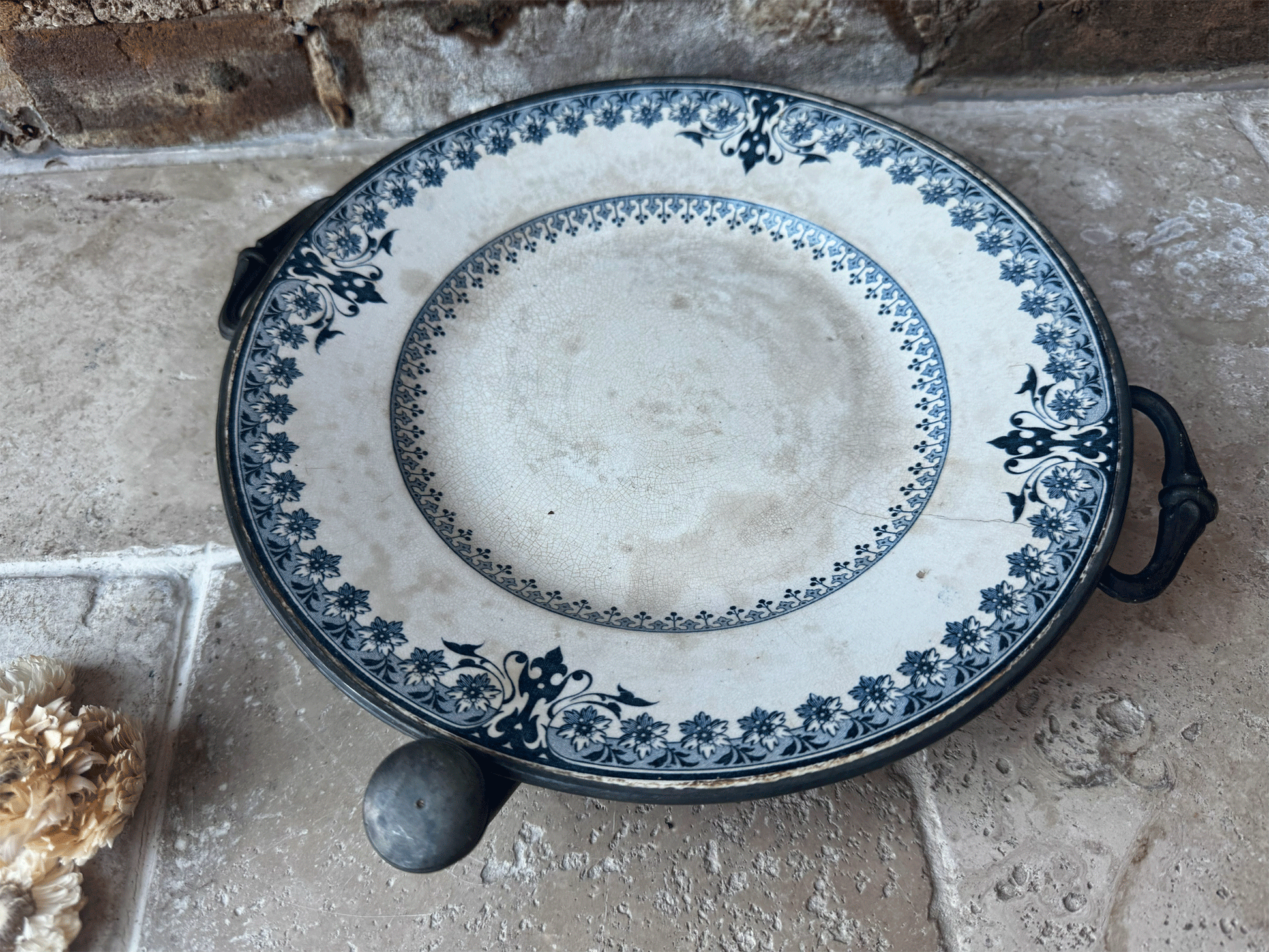 antique french rare blue transferware terre de fer ironstone warming plate platter pewter base
