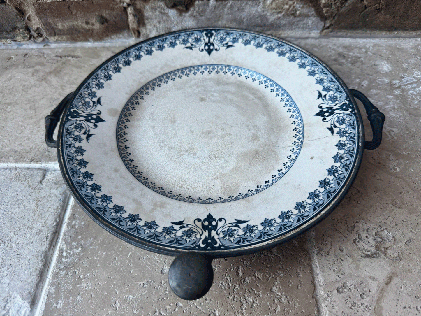 antique french rare blue transferware terre de fer ironstone warming plate platter pewter base