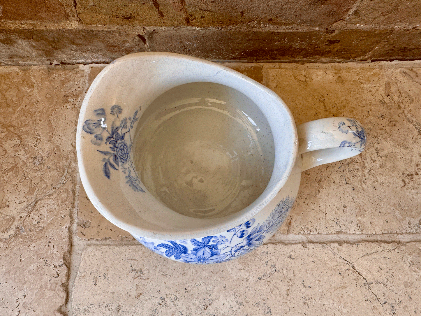 antique french blue transferware terre de fer ironstone pitcher water ewer jug floral decoration