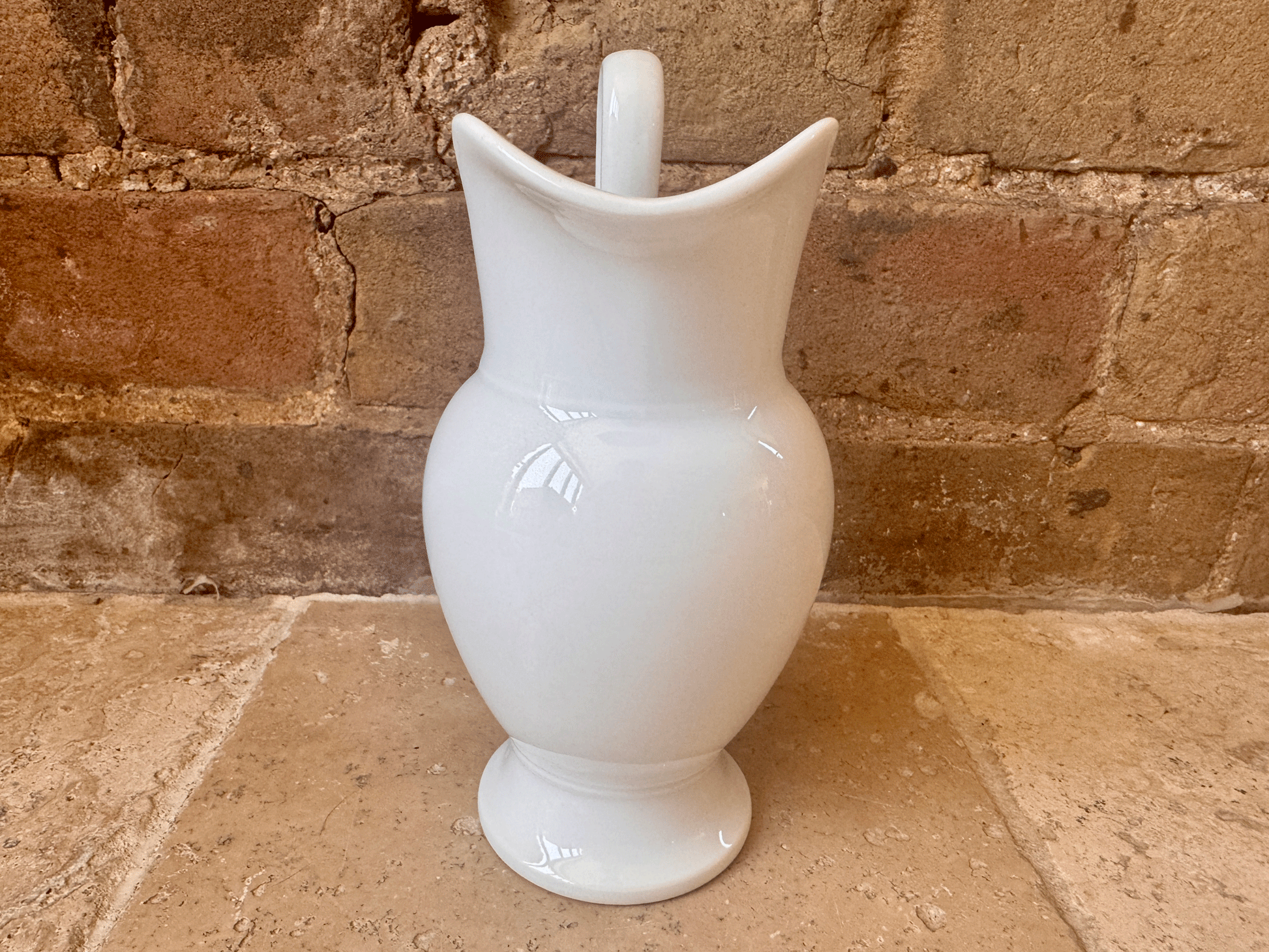antique french porcelain tall high curved handle plain white pitcher jug vase