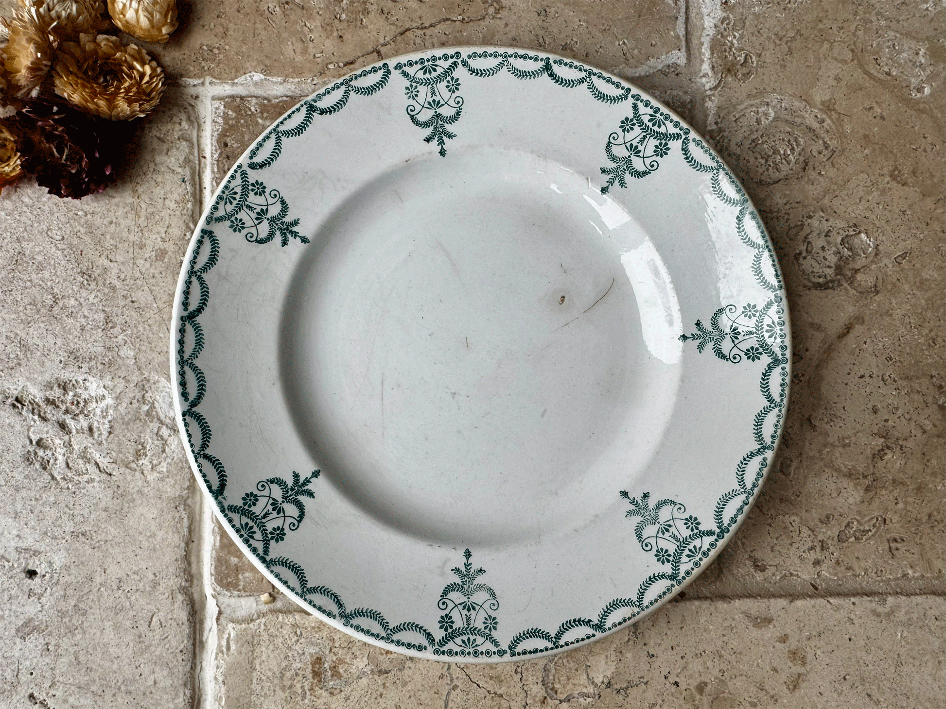 antique french moulin des loups hamage terre de fer ironstone side plate green transferware garland border