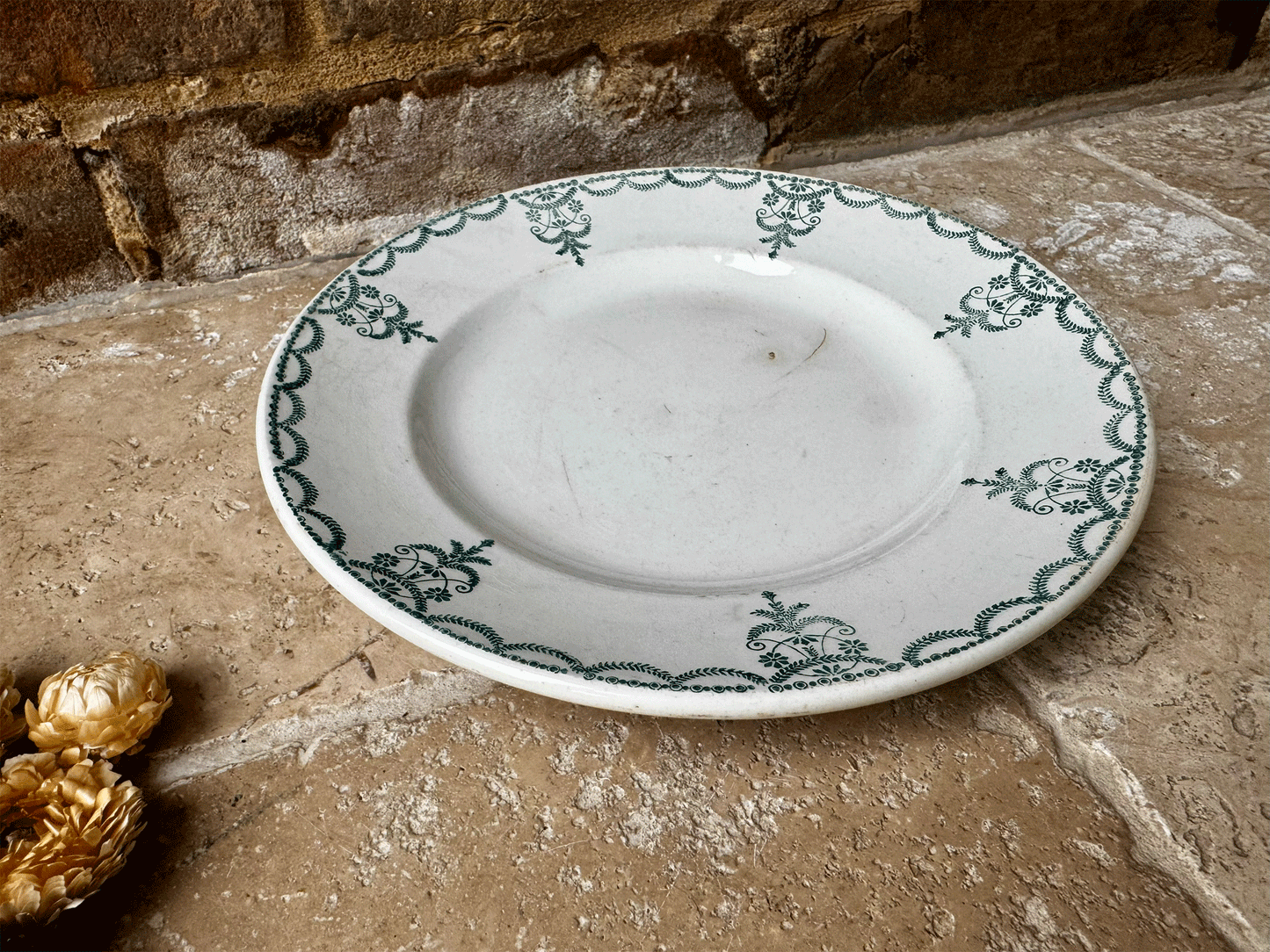 antique french moulin des loups hamage terre de fer ironstone side plate green transferware garland border