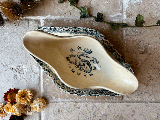 antique salins terre de fer ironstone gravy boat saucier sauce dish teal blue green transferware dragon