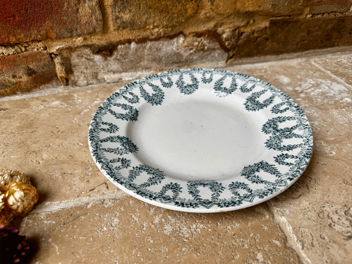 antique french terre de fer ironstone side plate lebacq bouchart green floral transferware garland border