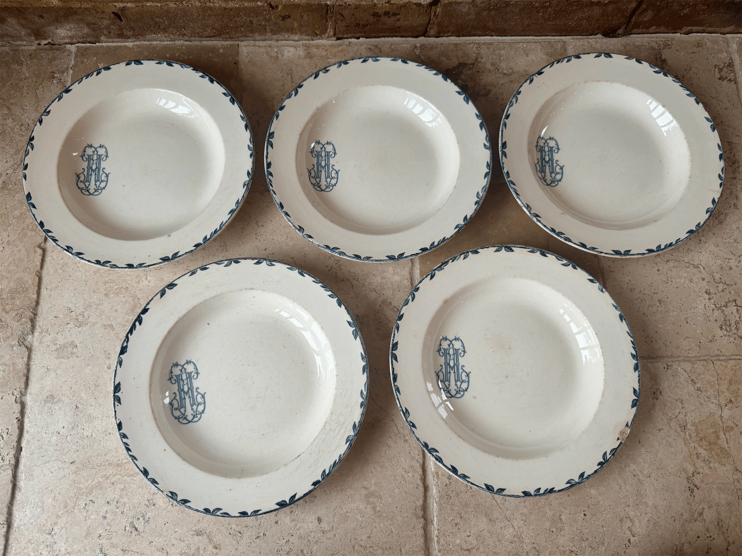 antique chippy buttery terre de fer large ironstone soup bowl dark blue transferware monogram