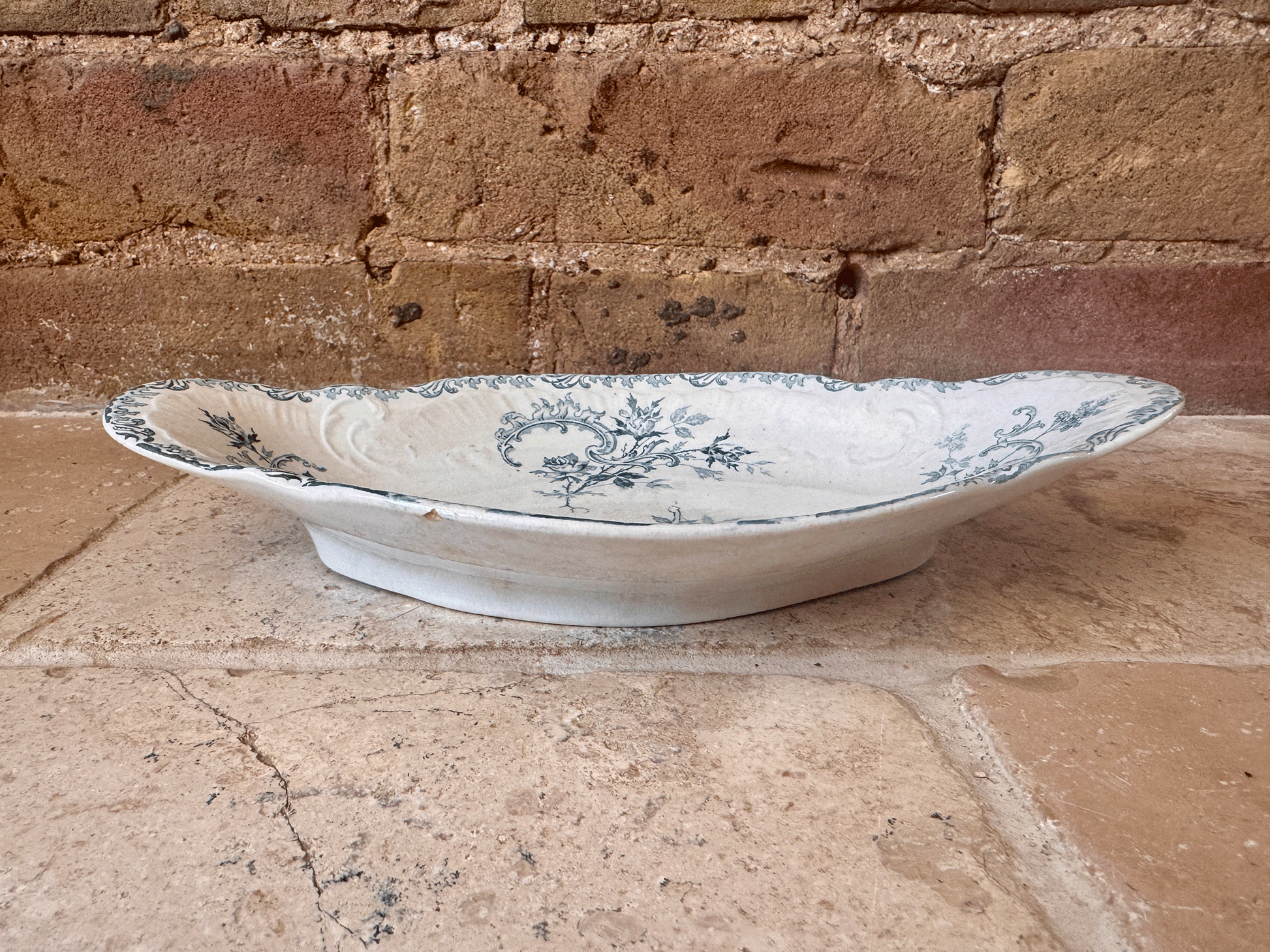 antique french teal green blue transferware ironstone terre de fer ravier dish boulenger